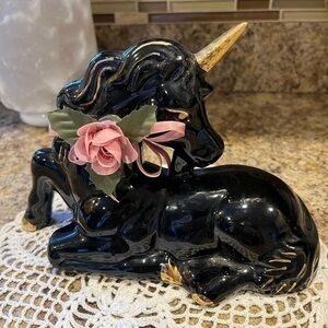 Vintage Black Unicorn Statue Figurine with Gold Horn and Pink Flowers Taiwan